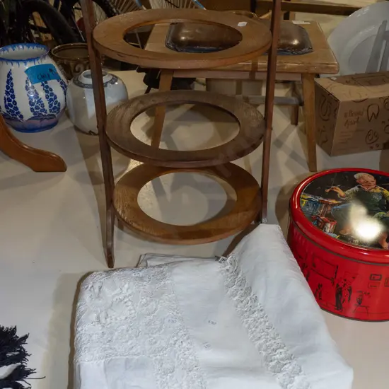 oak 3 tier cake stand, vintage tin, tablecloth