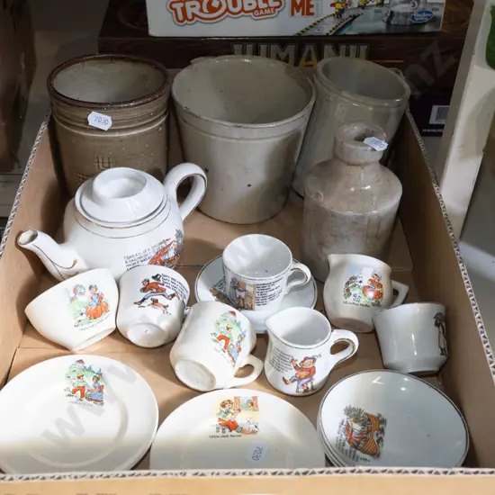 box; ink bottle, child's tea set etc