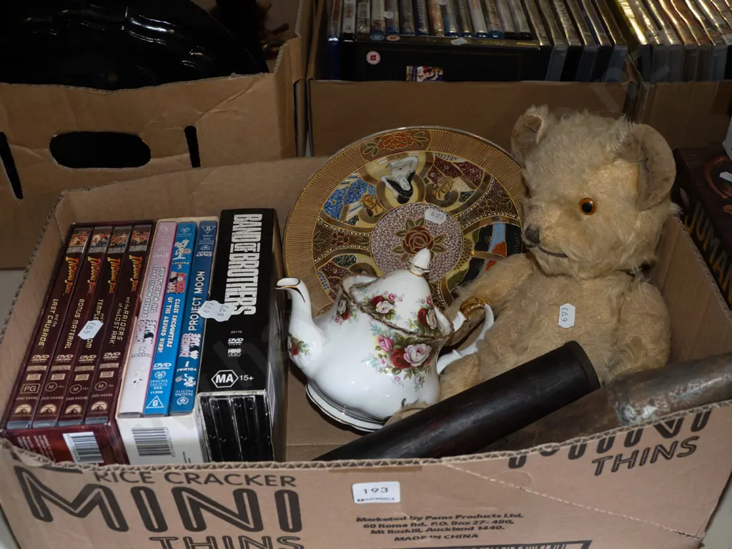box; Royal Albert tea pot, teddy bear, DVDs etc Image 1++
