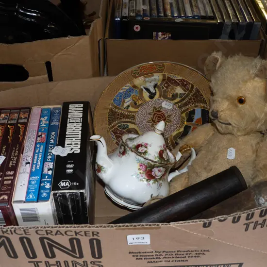 box; Royal Albert tea pot, teddy bear, DVDs etc