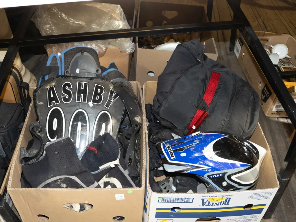 2x boxes of motorcycle equipment - green dots Image 1++