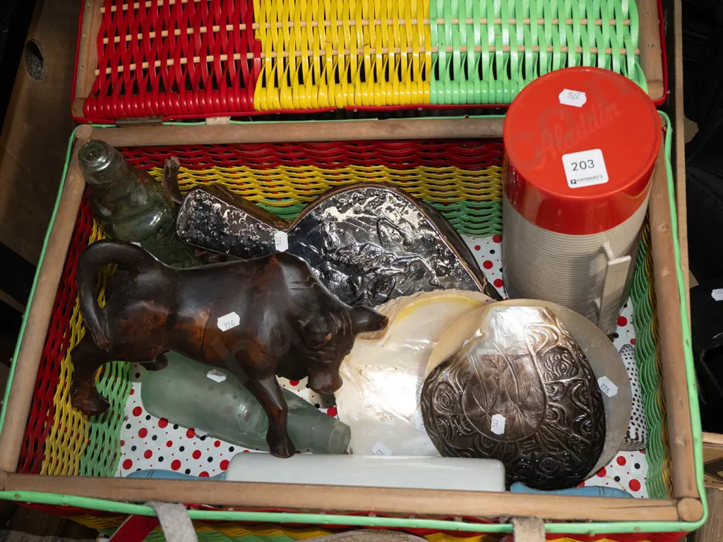retro picnic hamper and contents; marbles, bellows etc Image 1++