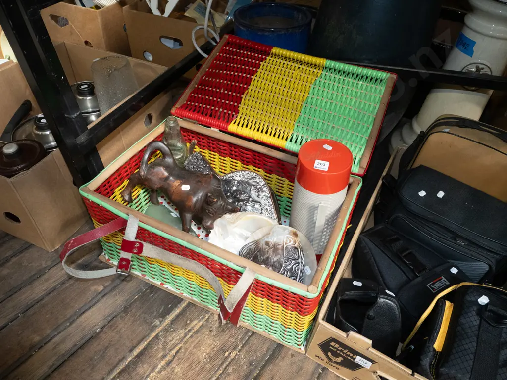 retro picnic hamper and contents; marbles, bellows etc Image 1++