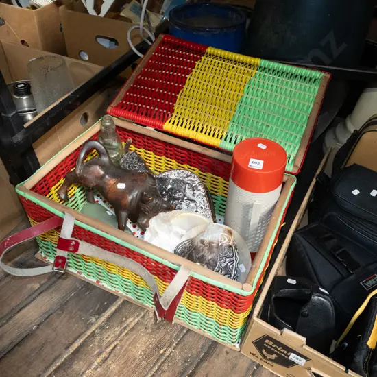 retro picnic hamper and contents; marbles, bellows etc