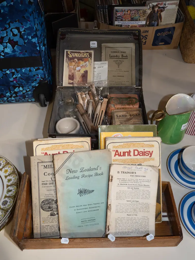 wooden drawer, cooking books, pegs, suitcase etc Image 1++