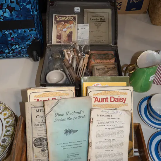 wooden drawer, cooking books, pegs, suitcase etc