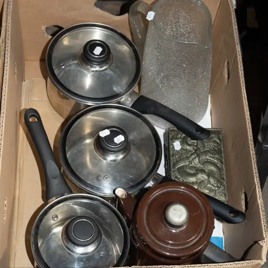 box; water jug, cans, coffee perc etc