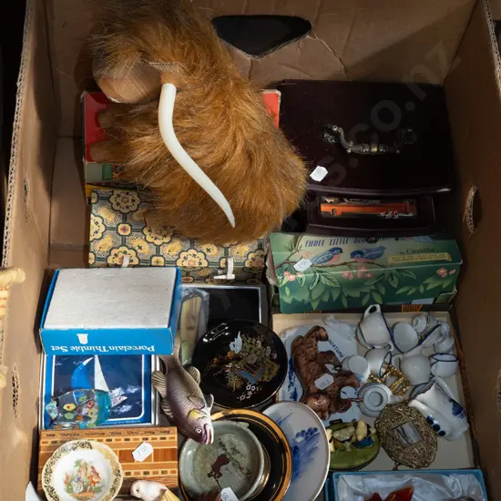 box; cattle ornaments, miniature part tea set, figurines etc