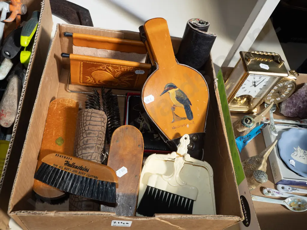 box; leather kiwi letter rack, vintage clothes brushes, bellows etc Image 1++