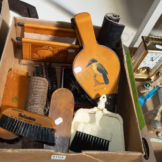 box; leather kiwi letter rack, vintage clothes brushes, bellows etc