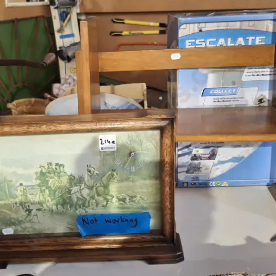 small wooden book shelf H370, oak framed picture clock - not working