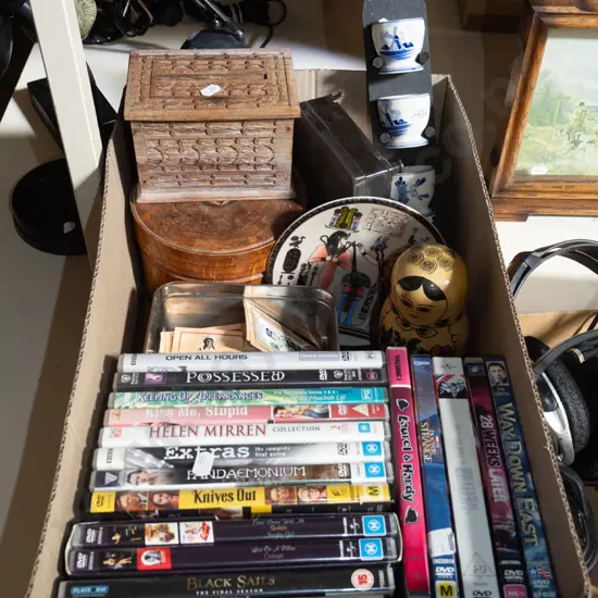box; DVDs, Russian dolls, delft egg cups etc