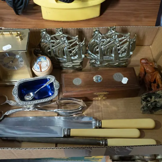 box; brass bookends, carving set, open salt etc