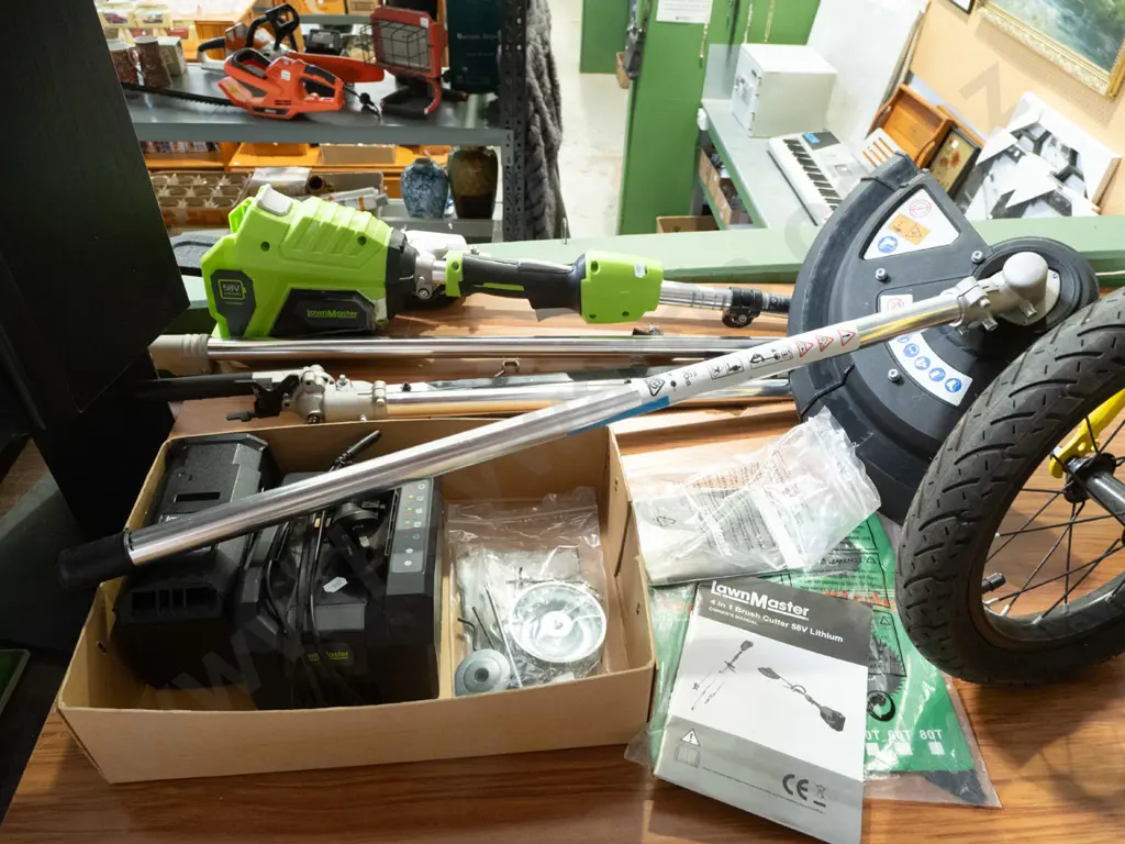 Lawnmaster 58V gardener's multi tool; line and hedge trimmers, extending pole, chainsaw Image 1++