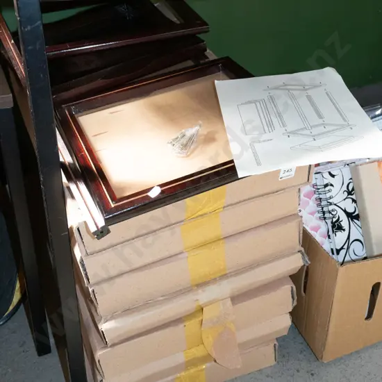7x boxes of yet to be assembled wood and glass stands