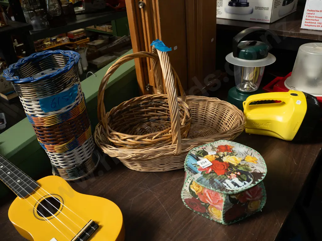cane baskets, waste paper bin, sewing box and contents Image 1++