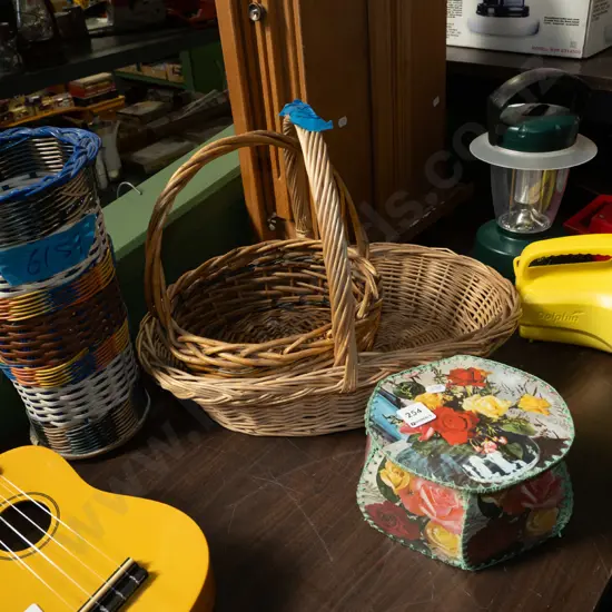 cane baskets, waste paper bin, sewing box and contents