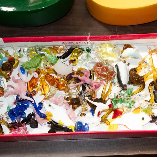 tray of glass ornamental animals