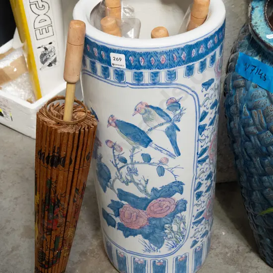 Asian ceramic umbrella stand and parasols