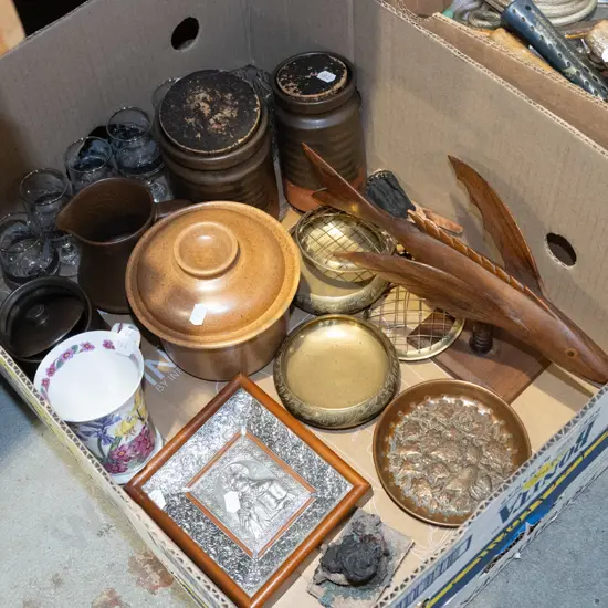 box; wooden flying fish ornament, canister, jug etc