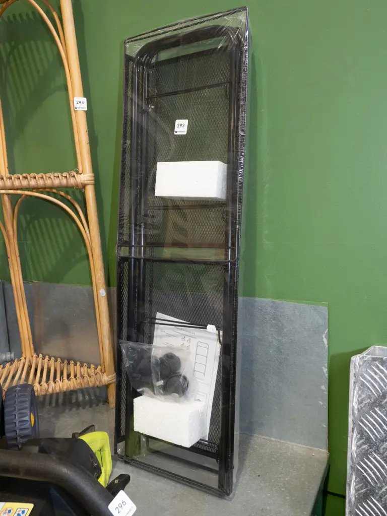 yet to be assembled black metal shelving on casters Image 1++
