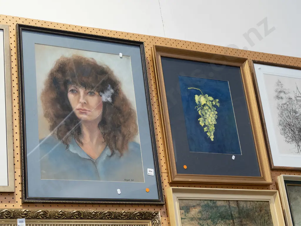 2x Margaret Bell - watercolour grapes, pastel portrait - orange dots Image 1++