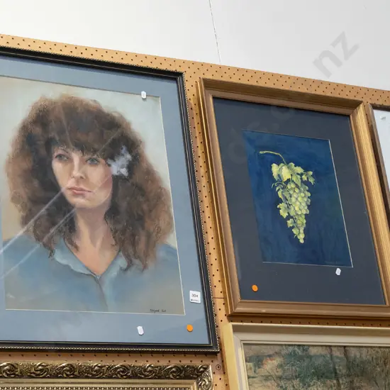2x Margaret Bell - watercolour grapes, pastel portrait - orange dots