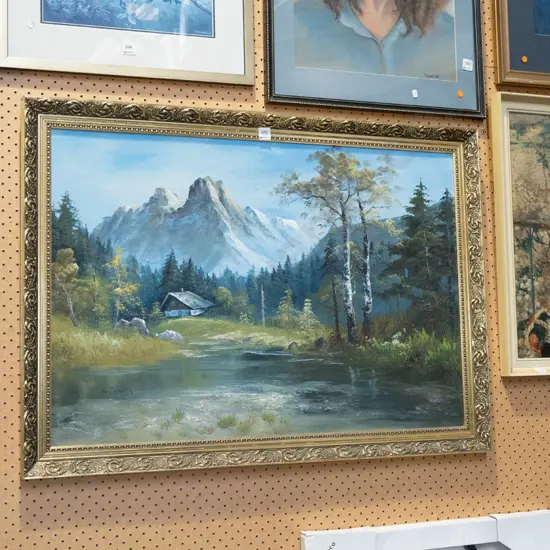 oil on board - lake and mountain scene