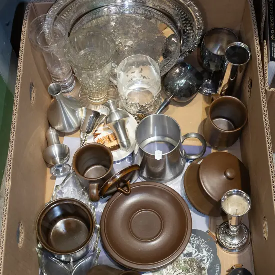 box; plated ware, Temuka cups, glass ware etc