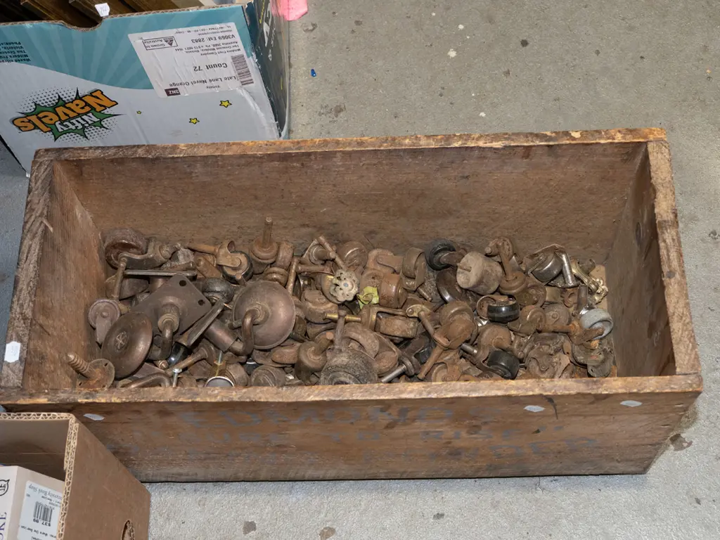 wooden box, numerous casters Image 1++