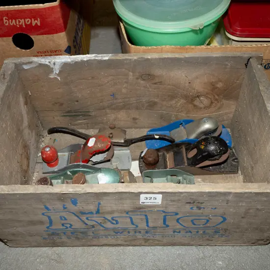 wooden nail box and hand planes