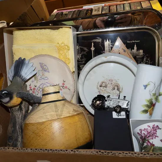 box; bird figurines, trays, baby bowl etc