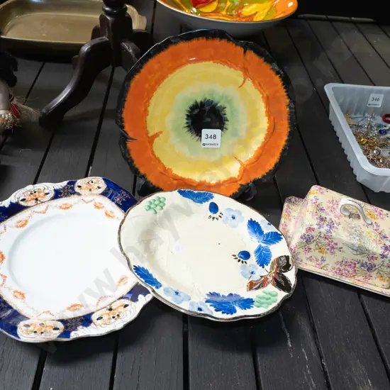 cheese cover dish, 3x plates- stains and crazing
