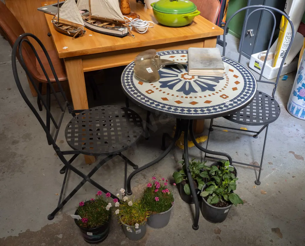metal, ceramic top patio table and 2x chairs Image 1++