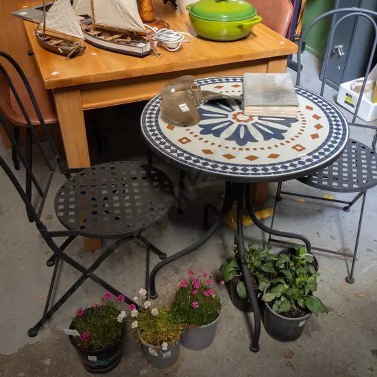 metal, ceramic top patio table and 2x chairs