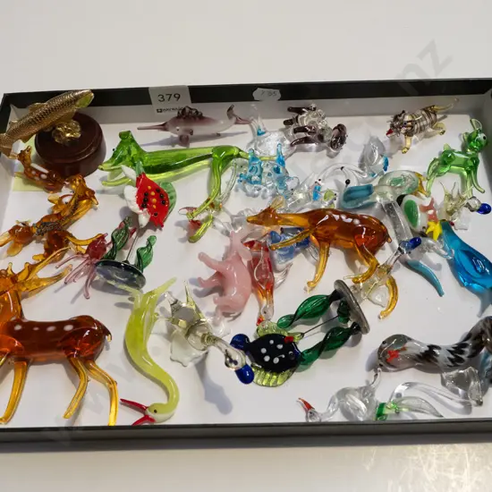 tray of glass animal ornaments