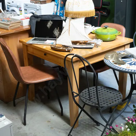 solid rimu square table with single drawer and 2x brown vinyl chairs H760 W890 D890