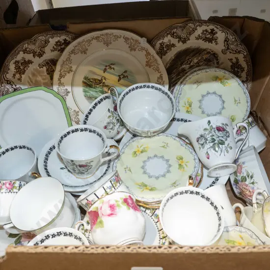box; cups, saucers, jug etc