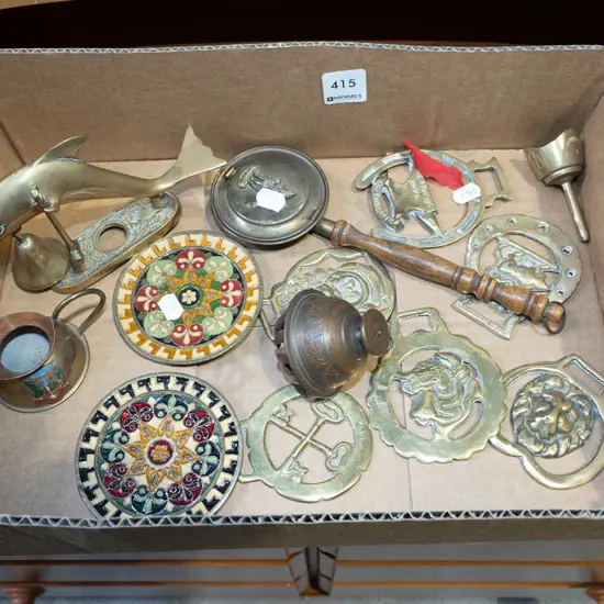 box; brass ware, dolphin, bells, horse brasses etc