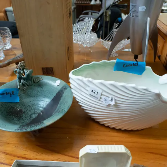 studio pottery bowl, Falcon ware vase - both have damage