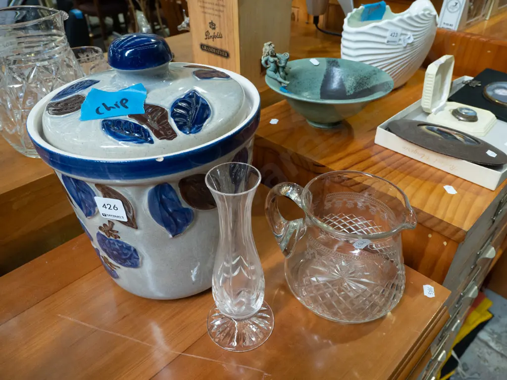 cut crystal jug, vase, German pottery lidded canister - chip to rim Image 1++