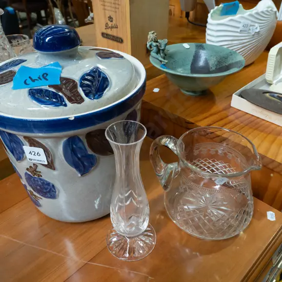 cut crystal jug, vase, German pottery lidded canister - chip to rim