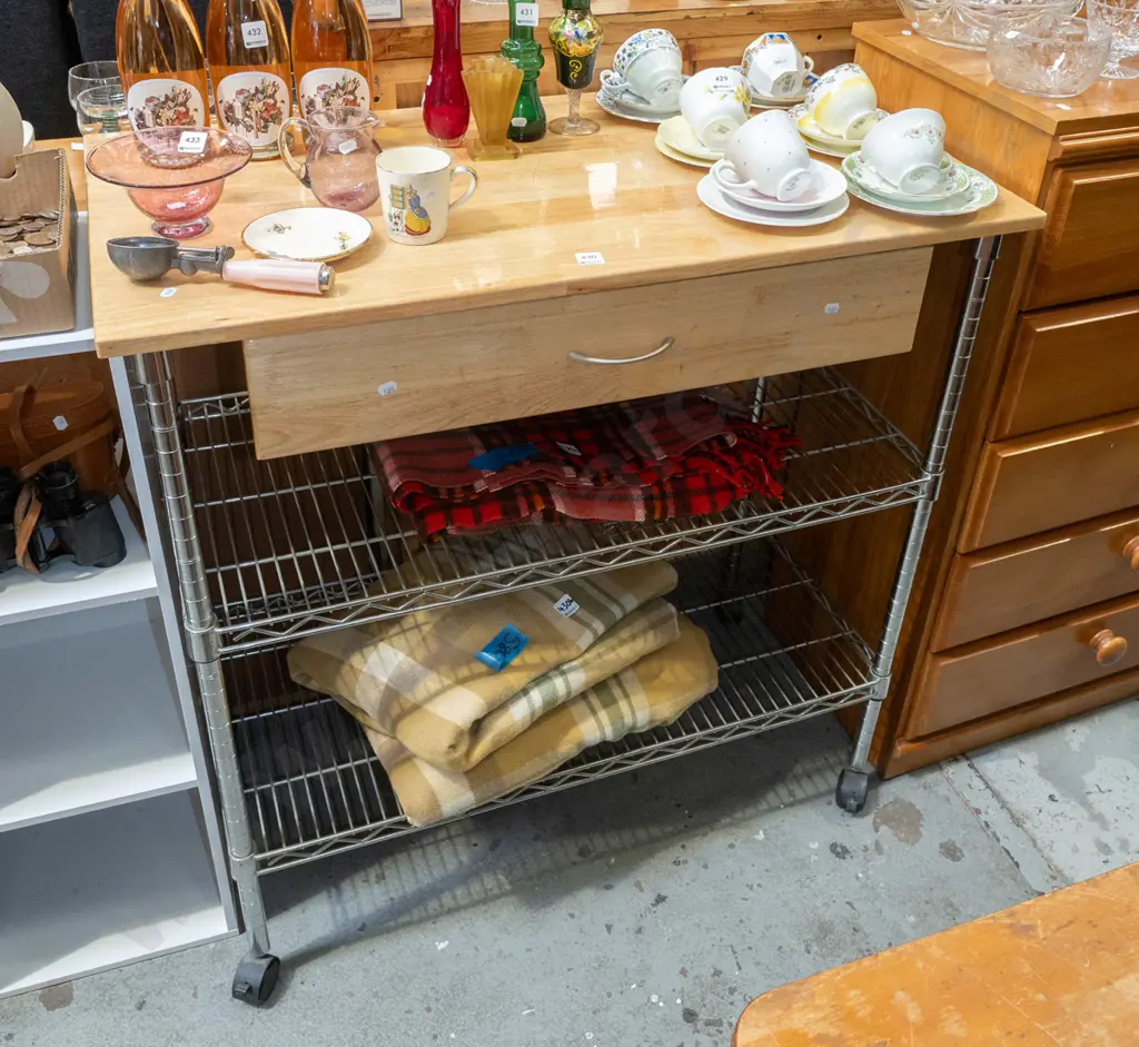chrome and pine shelving on plastic casters with solid wood top and single drawer H970 W960 W500 Image 1++