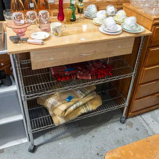 chrome and pine shelving on plastic casters with solid wood top and single drawer H970 W960 W500