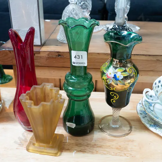 4x coloured glass vases Tallest H200
