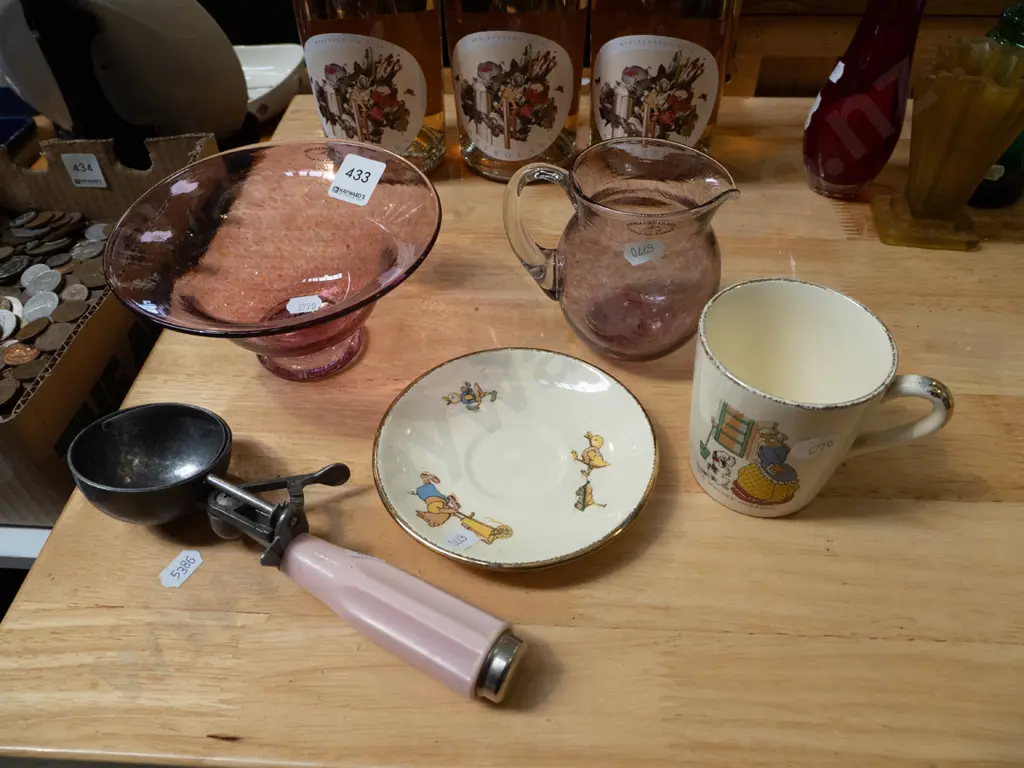 Hoglund Glass bowl, jug, ice cream scoop, Crown Lynn cup and saucer Bowl Diam150 Image 1++