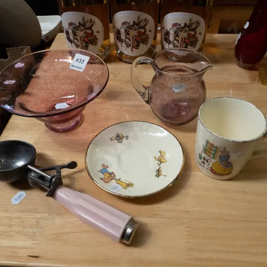 Hoglund Glass bowl, jug, ice cream scoop, Crown Lynn cup and saucer Bowl Diam150