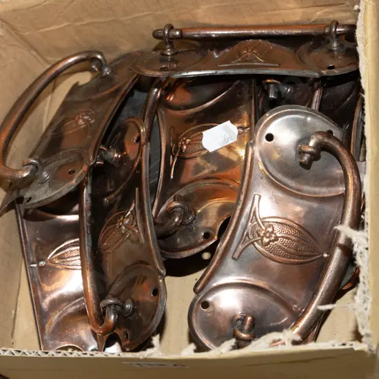 box of vintage copper finish furniture handles