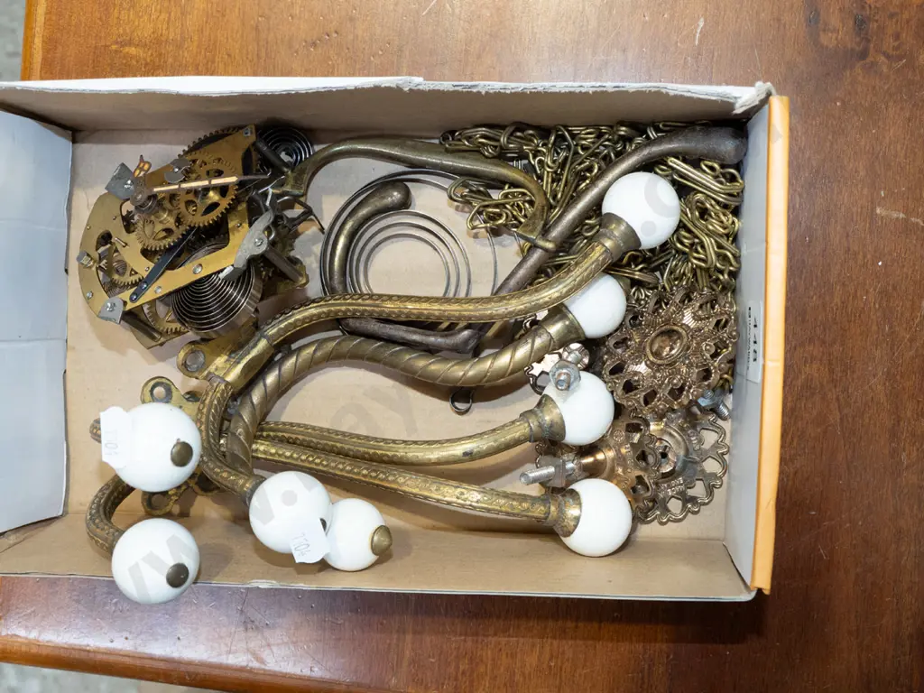 box; clock parts, enamel coat hooks etc Image 1++