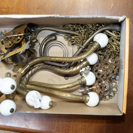 box; clock parts, enamel coat hooks etc